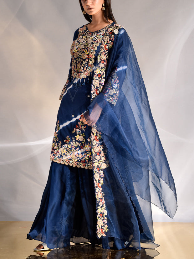 Blue Zardozi Chanderi Kurta and Palazzo Set