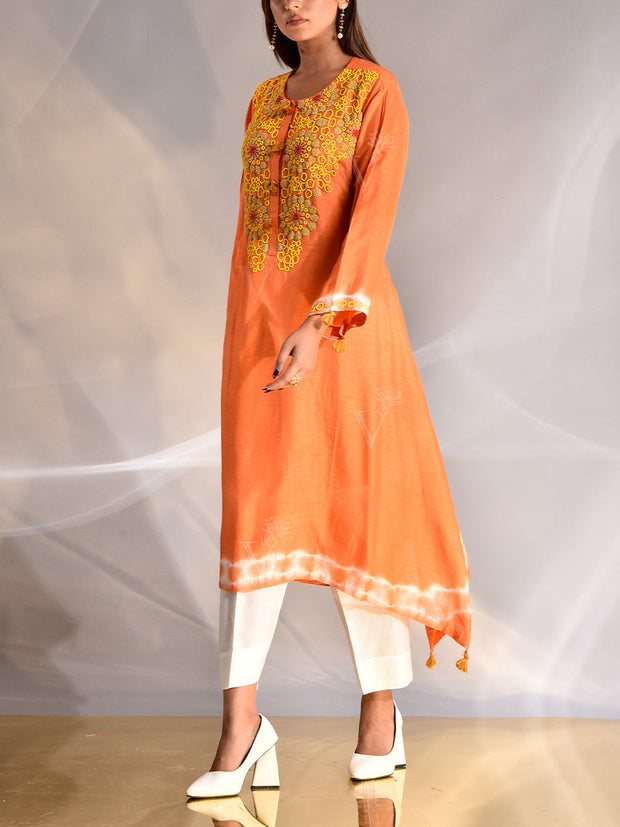 Orange Silk Embroidered kurta and Pant Set