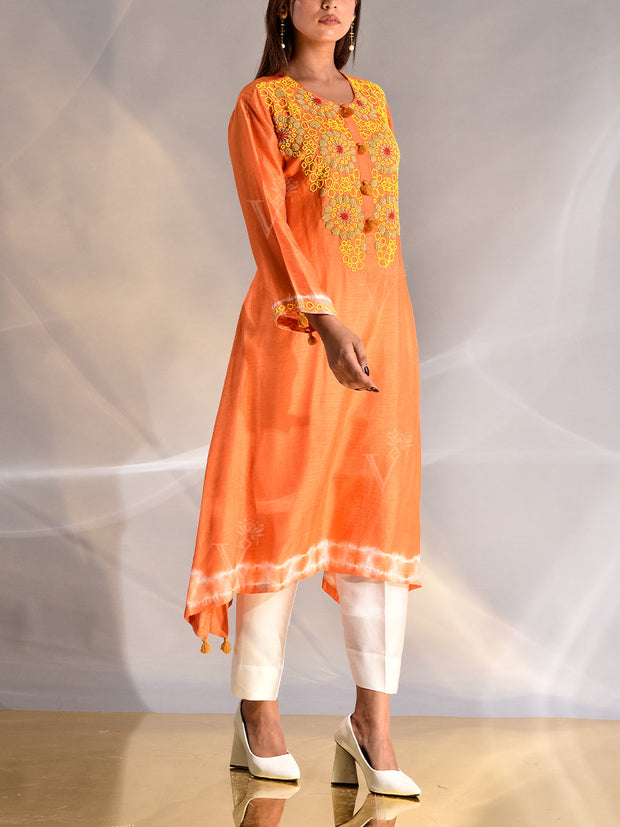 Orange Silk Embroidered kurta and Pant Set