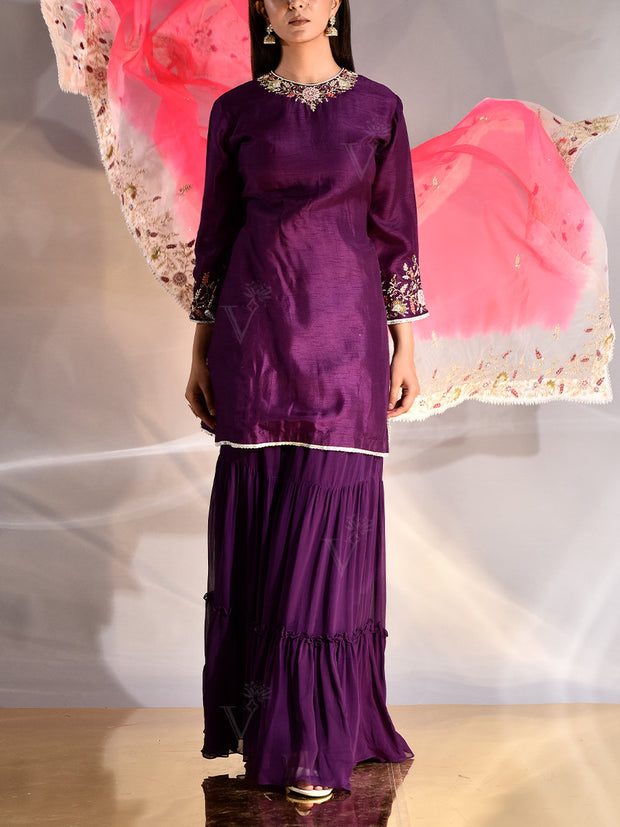 Violet Silk Embroidered Kurta and Sharara Set