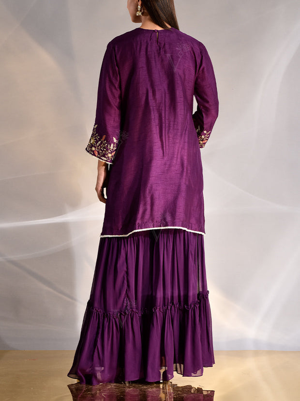 Violet Silk Embroidered Kurta and Sharara Set