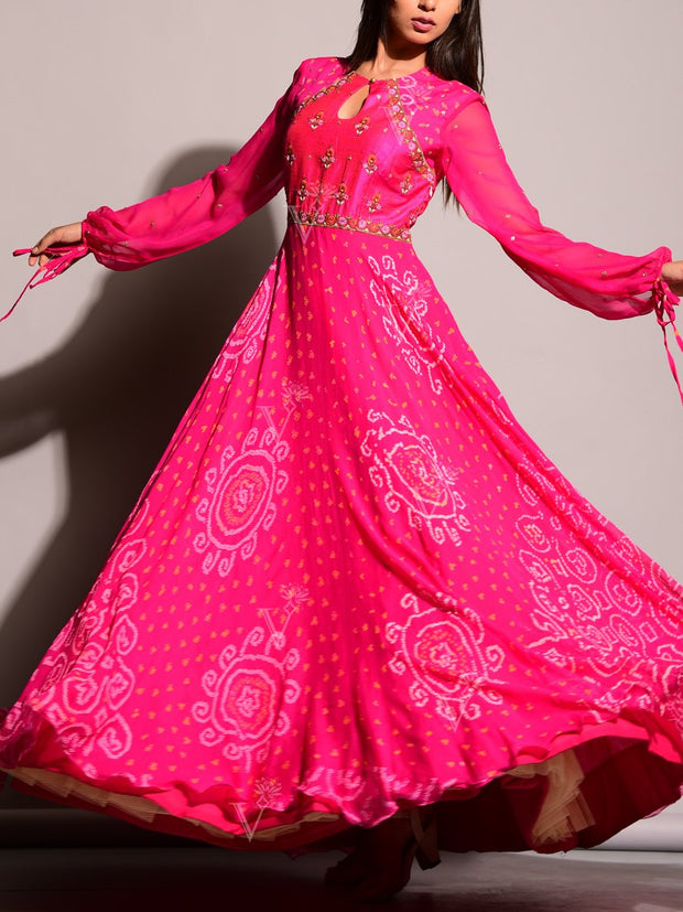 Pink Bandhej Anarkali Gown