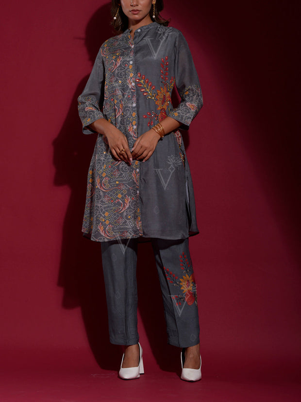 Dark Grey Vasansi Silk Printed Co-ord Set