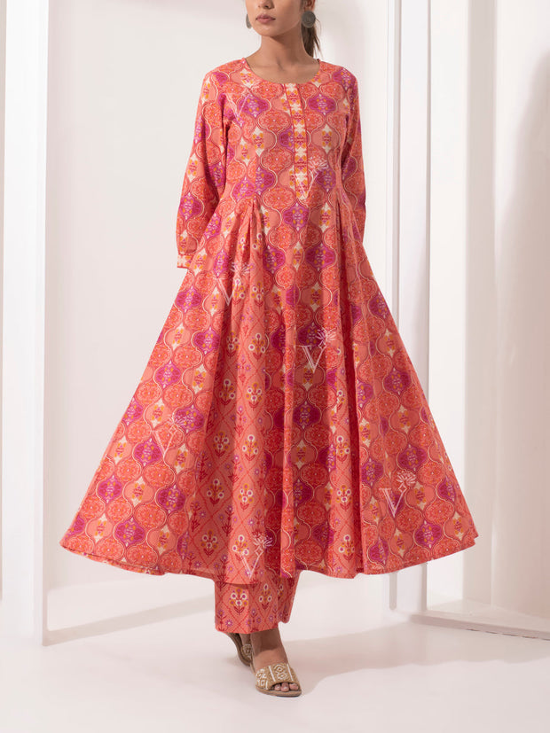 Peach Anarkali Cotton Printed Suit Set