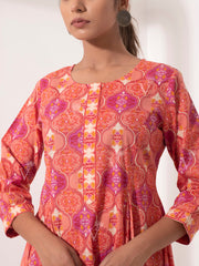 Peach Anarkali Cotton Printed Suit Set