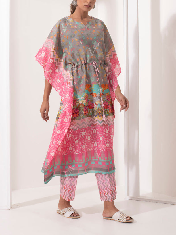 Grey and Peach Silk Kaftan Set