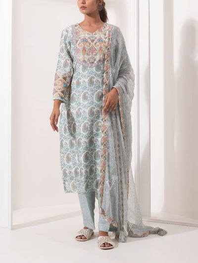 Ice Blue Printed Cotton Suit Set