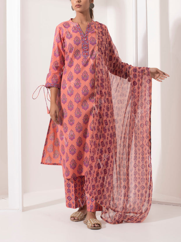 Coral Pink Cotton Printed Suit Set