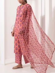 Coral Pink Cotton Printed Suit Set