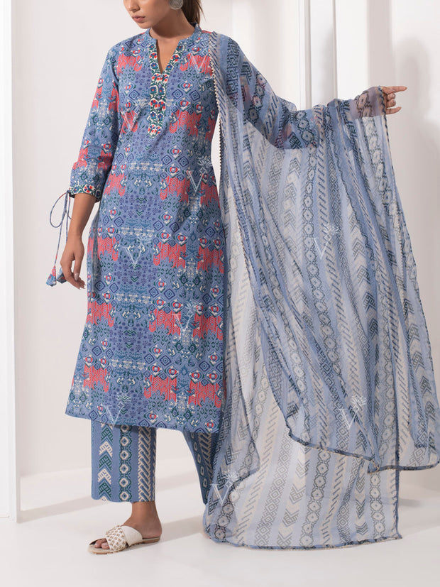 Sage Blue Cotton Printed Suit Set