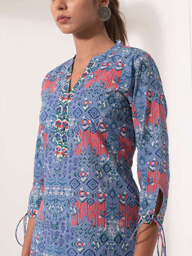 Sage Blue Cotton Printed Suit Set