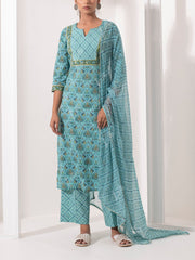 Ocean Blue Printed Cotton Suit Set