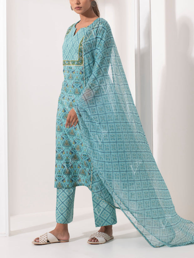 Ocean Blue Printed Cotton Suit Set