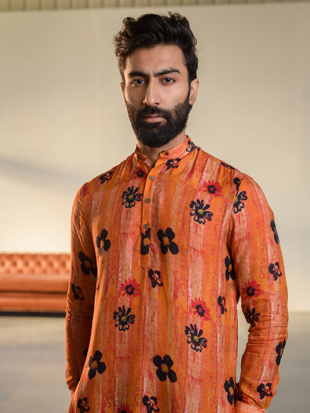 Floral Orange  Ganganagry Kurta For Men