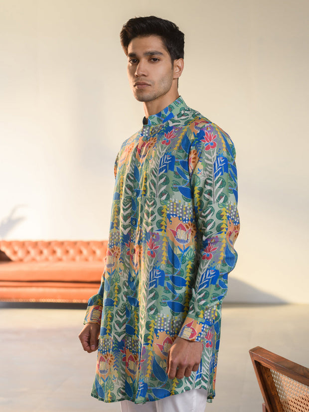 Justina Blue Floral  Full Button Kurta For Men