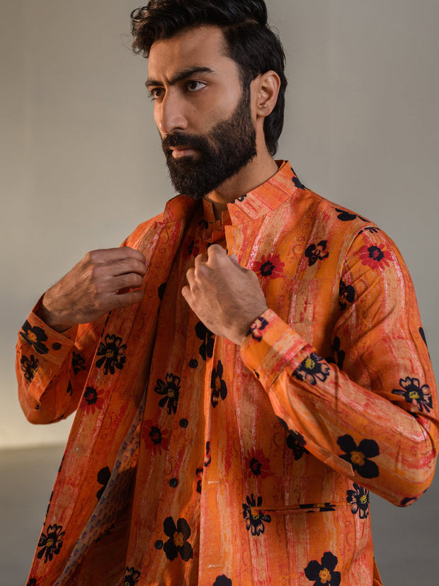 Floral Orange  Kurta Bandi Set For Men