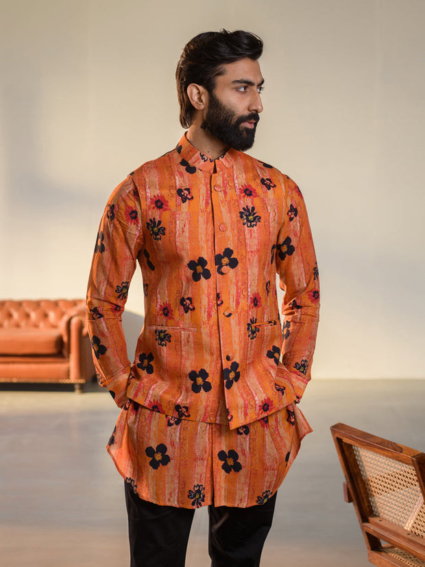 Floral Orange  Kurta Bandi Set For Men