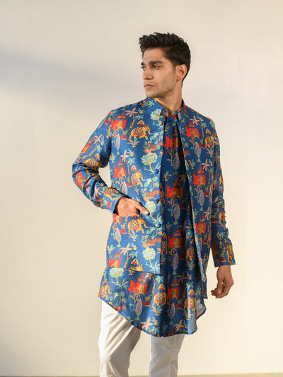 Jual Elephant Blue  Full Button Kurta & Bandi Set