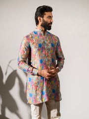 Floral Steel Grey  Ganganagry Kurta For Men