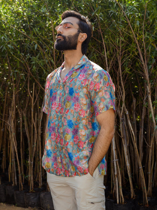 Floral Steel Grey  Oversize Hawaiin Collar For Men