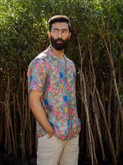 Floral Steel Grey  Oversize Hawaiin Collar For Men