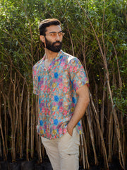 Floral Steel Grey  Oversize Hawaiin Collar For Men