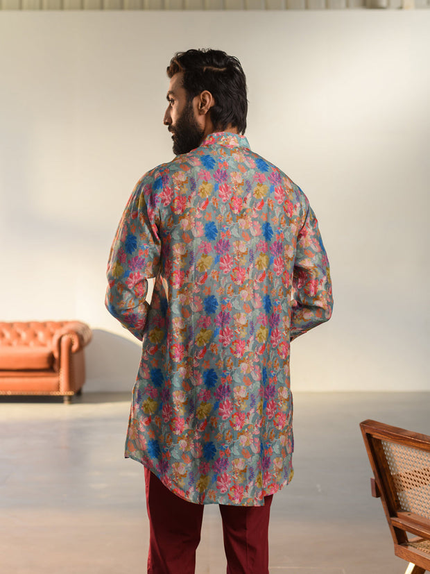 Floral Steel Grey  Full Button Kurta For Men