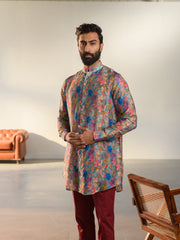 Floral Steel Grey  Full Button Kurta For Men