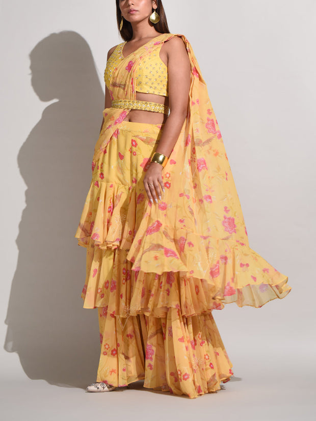 Yellow Floral Georgette Ruffled Saree