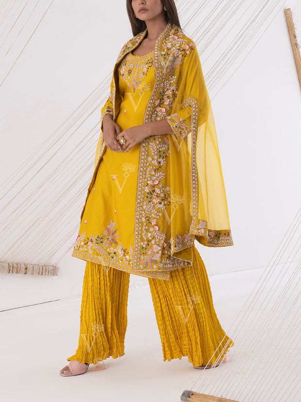 Yellow Organza Embroidred Cape Sharara Set