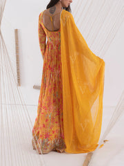 Yellow Floral Wrinkle Crepe Gown