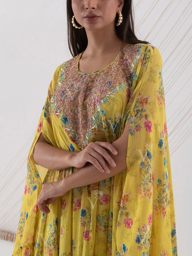 Yellow Floral Cape Sharara Set