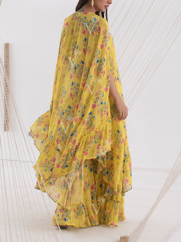 Yellow Floral Cape Sharara Set