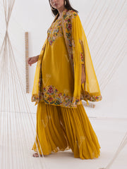 Yellow Organza Embroidred Cape Sharara Set