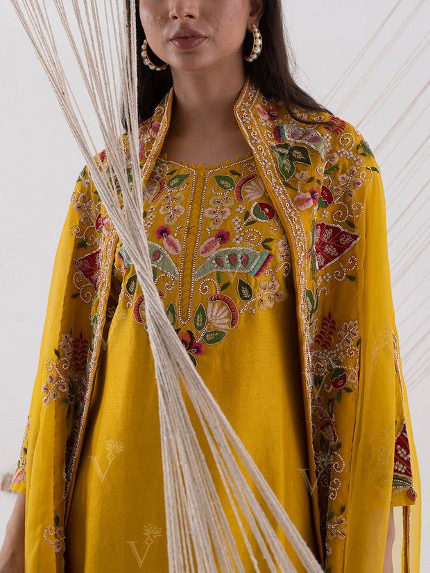 Yellow Organza Embroidred Cape Sharara Set