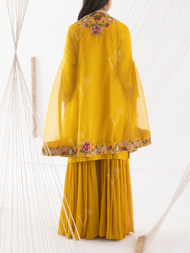 Yellow Organza Embroidred Cape Sharara Set