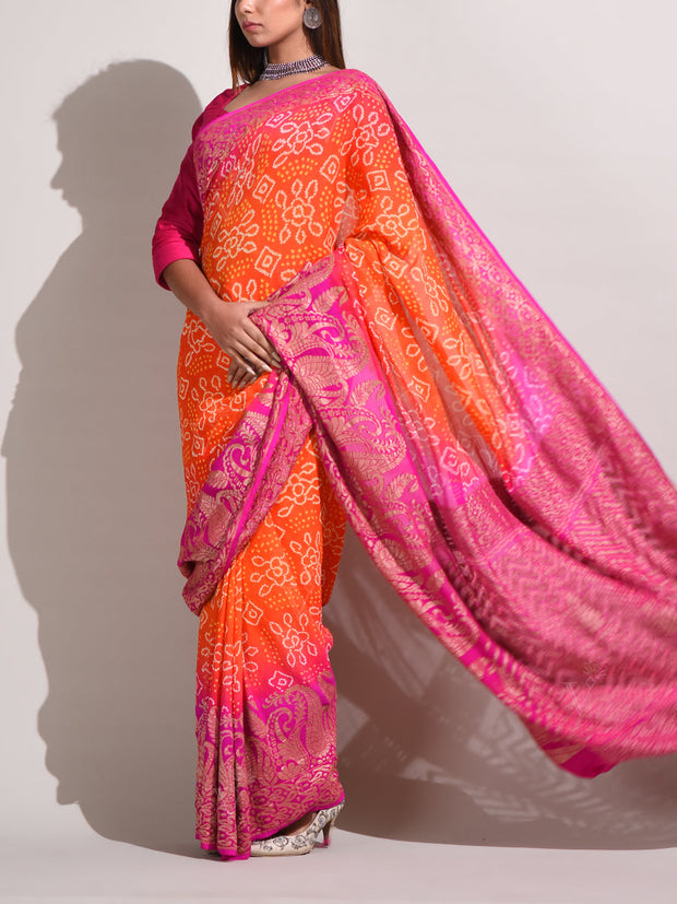 Pink and Orange Chinnon Georgette Bandhani Zari Saree