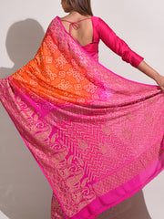 Pink and Orange Chinnon Georgette Bandhani Zari Saree