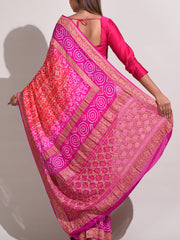 Pink and Orange Chinnon Georgette Bandhani Zari Saree