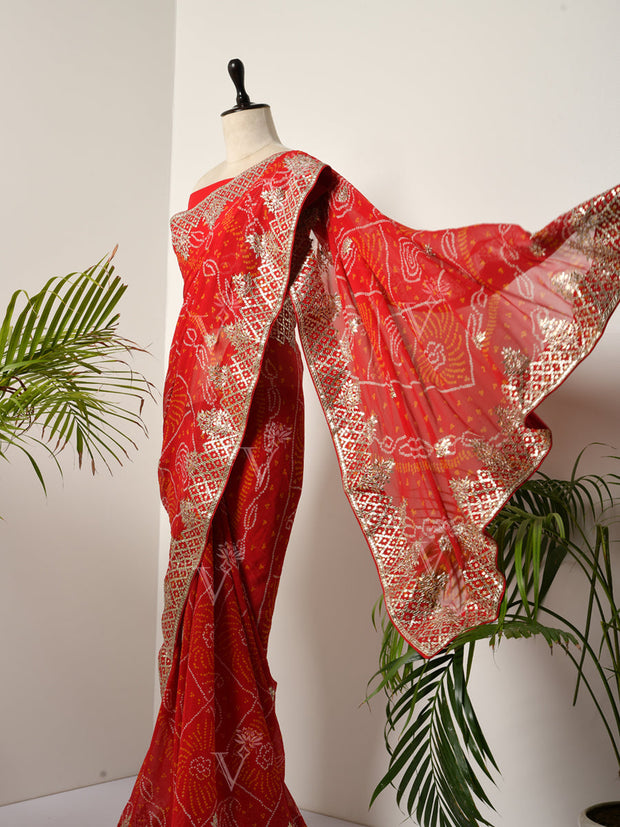 Red Georgette Bandhani Gotta Patti Saree