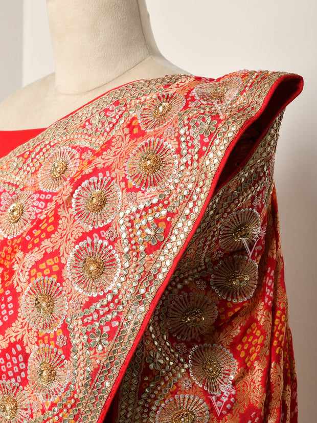 Red Banarasi Bandhani Gotta Patti Saree