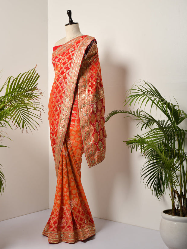 Red And Orange Banarasi Bandhani Gotta Patti Saree