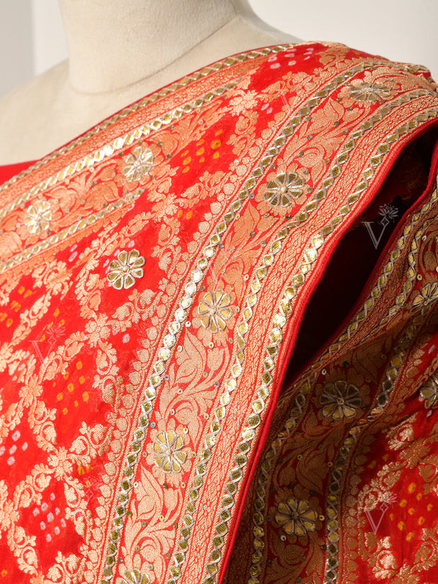 Red And Orange Banarasi Bandhani Gotta Patti Saree