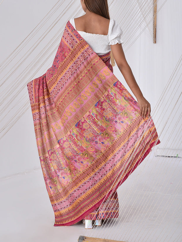 Coral Peach Vasansi Silk Printed Saree