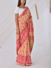 Red and Peach Silk Printed Saree