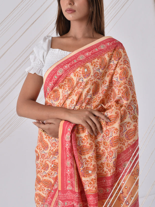 Red and Peach Silk Printed Saree