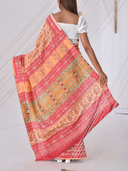 Red and Peach Silk Printed Saree