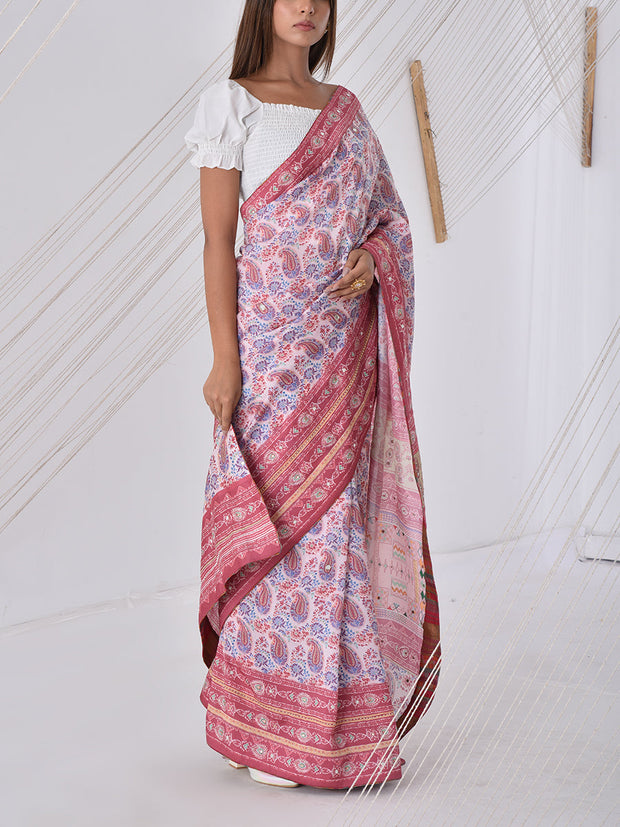 Pink and Brown Silk Printed Saree