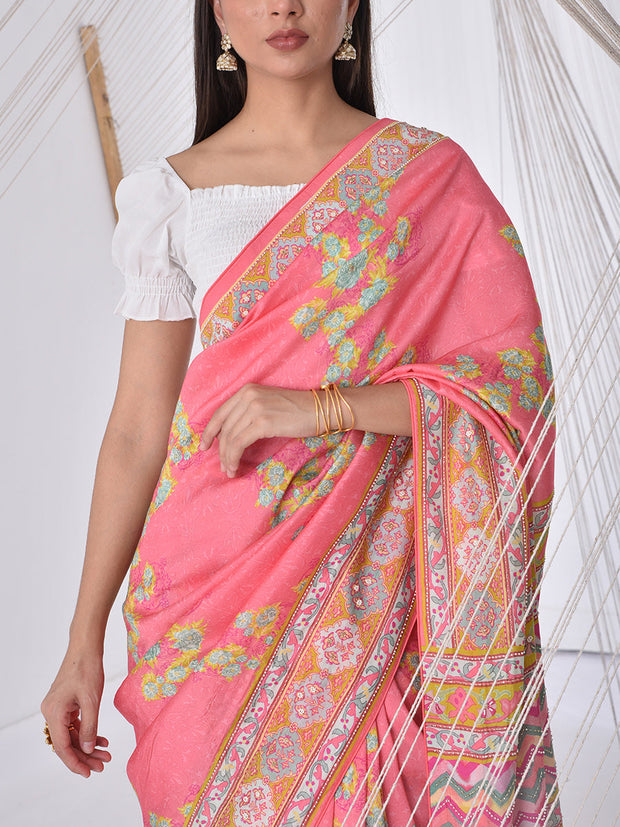 Pink Vasansi Silk Printed Saree