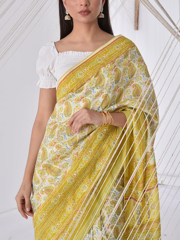 Lime Green Vasansi Silk Printed Saree